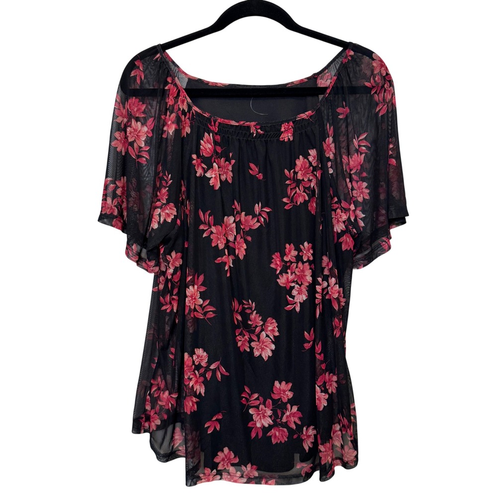 Papermoon Womens Blouse 2X Black Pink Floral Mesh Overlay Romantic Boho Feminine
